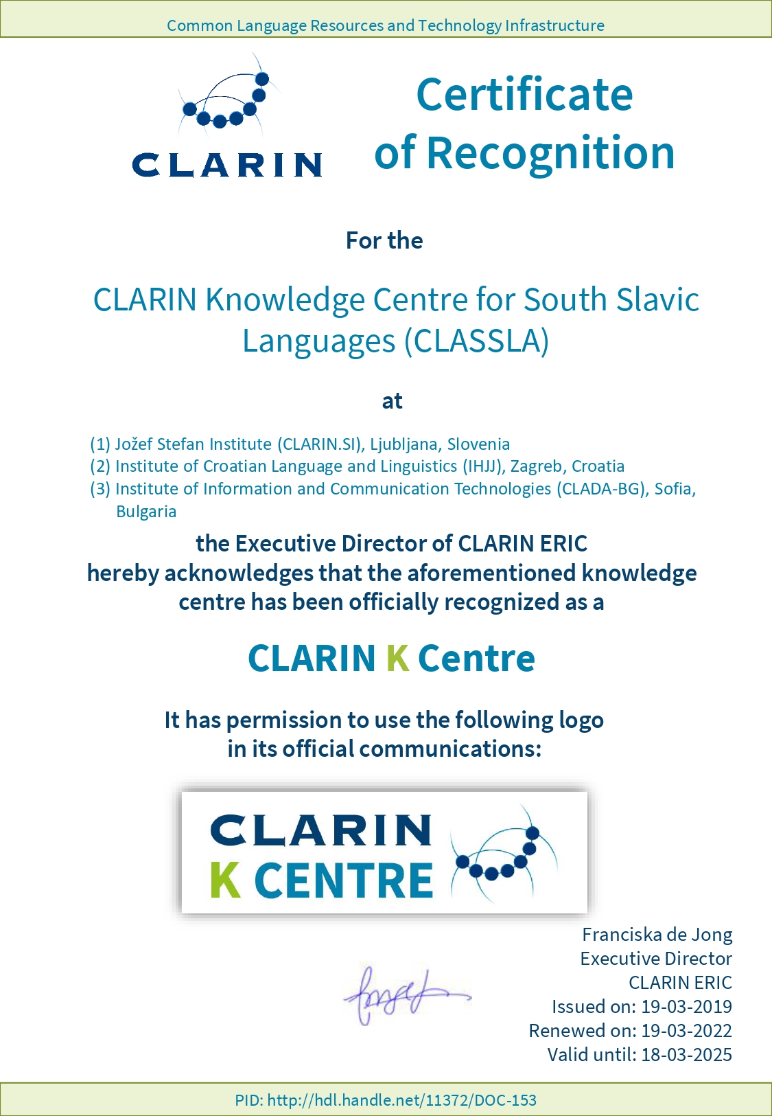 K Centre Certificate CLASSLA page 0001